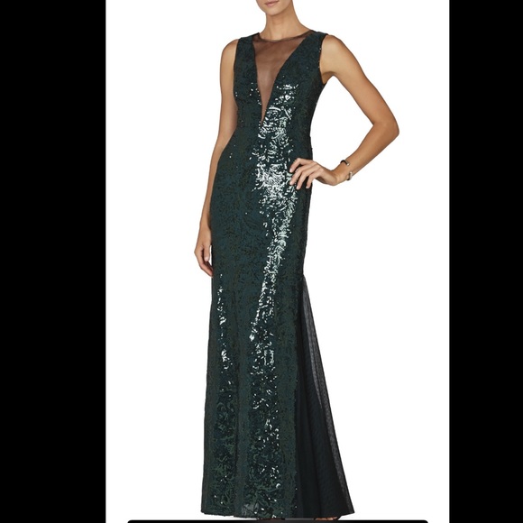 BCBGMAXAZRIA Sleeveless Deep V-Neck Green Gown - Picture 1 of 6